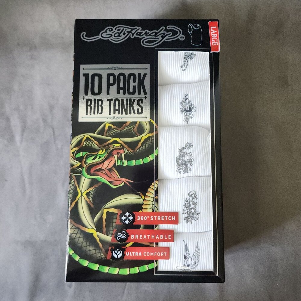 Ed Hardy 10-Pack Ultra Comfort Rib Tanks Large With Tattoo-Inspired Dragon Tiger